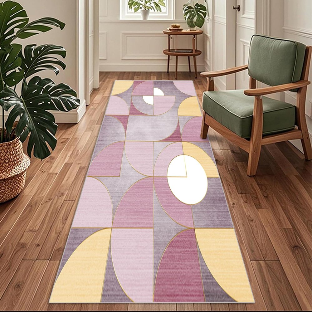 Siunwdiy Pink, Yellow and White Geometric Runner Rug, Non-Slip, Washable, 90 x 280 cm