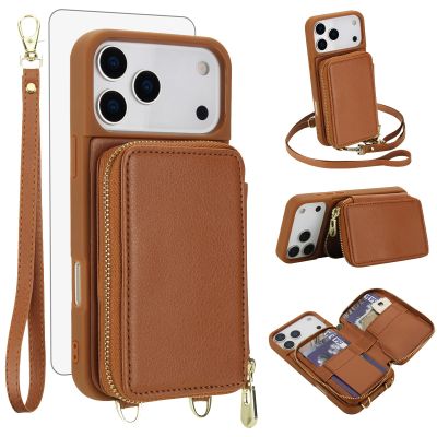 Protective Case for iPhone 17 Pro Max 6.9-Inch, Wallet Case with Tempered Glass Screen Protector, Wrist Strap, Crossbody Strap, RFID Blocking, Card Holder