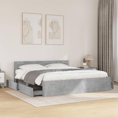 Refined Double Bed Frame with Slatted Base, Storage and Headboard, Concrete Gray, 180 x 200 cm