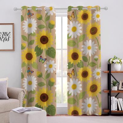 YNIOFU Floral Blackout Curtains, Sunflower and Daisy Design, 117 x 230 cm, 2 Panels