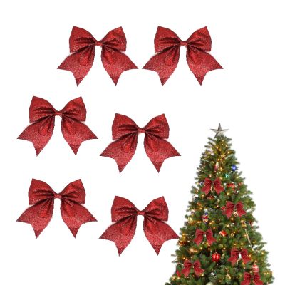 6PC Red Glitter Christmas Tree Bows
