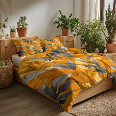 Tropical Jungle Leaves Rainforest Duvet Cover Set 240 x 220 cm, 3-Piece, Golden Yellow