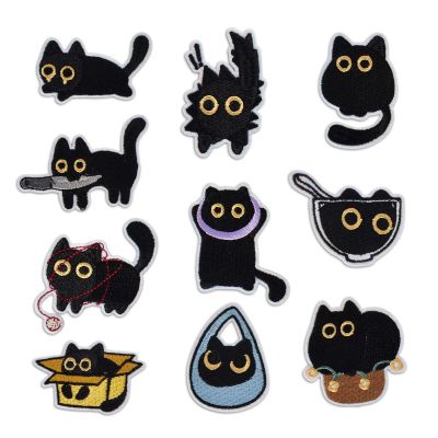10 Black Cat Embroidered Patches