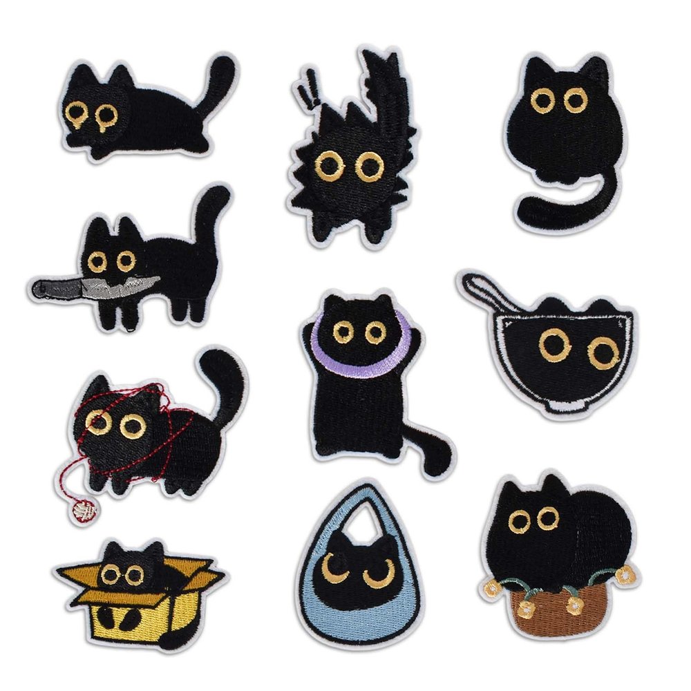 10 Black Cat Embroidered Patches