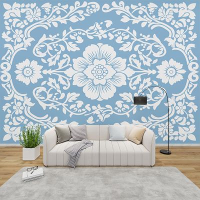 QEODAH 3D Blue and White Floral Wallpaper, Vintage Floral Nonwoven Photo Wallpaper, 500 x 350 cm