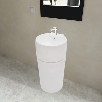 HaoChrymec White Round Ceramic Pedestal Sink, 400 x 415 x 860 mm