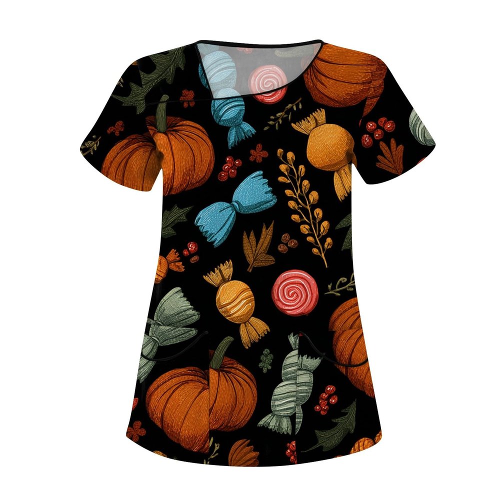 Saymany Women's Halloween Scrub Top, V-Neck, Short Sleeve, Red, Size L