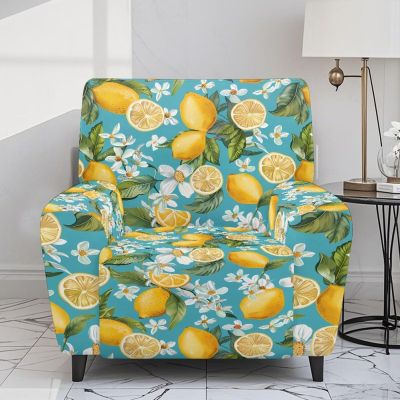 Xoenoiee Lazyboy Recliner Cover with Storage Pockets, 4-Piece, Printed, Lemon Yellow and Blue