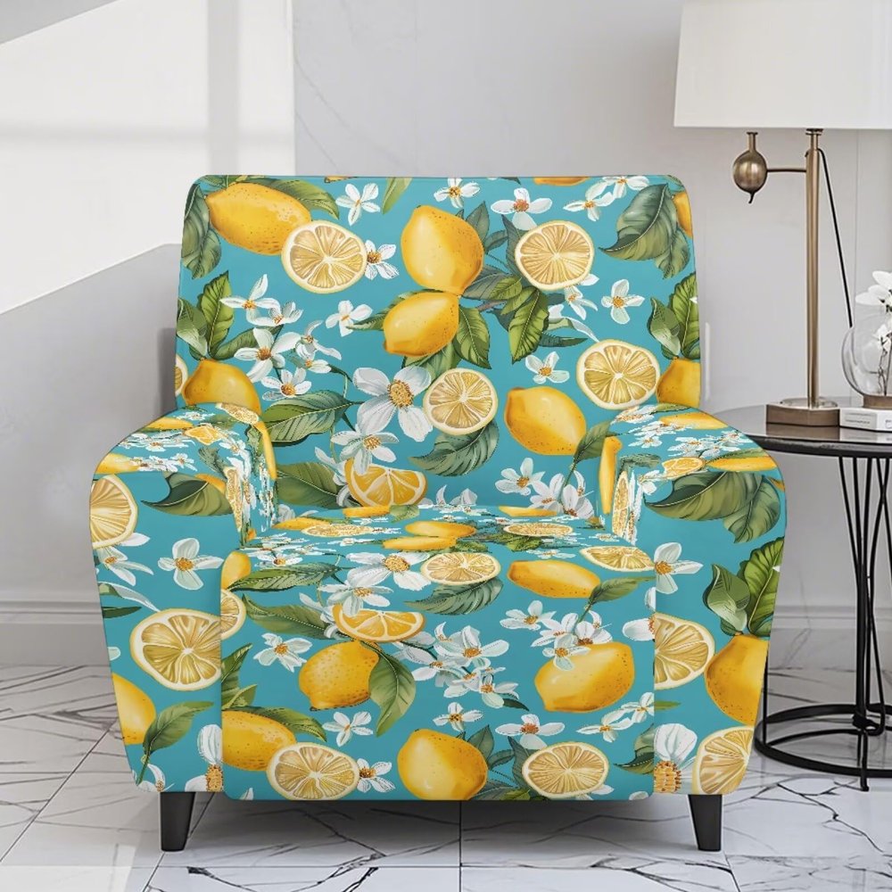 Xoenoiee Lazyboy Recliner Cover with Storage Pockets, 4-Piece, Printed, Lemon Yellow and Blue