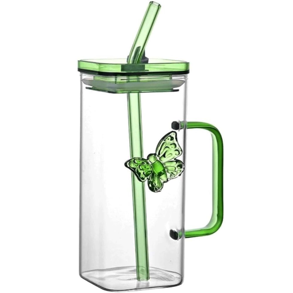 OZLMBERN Square Glass Butterfly Cup with Lid and Straight Straw