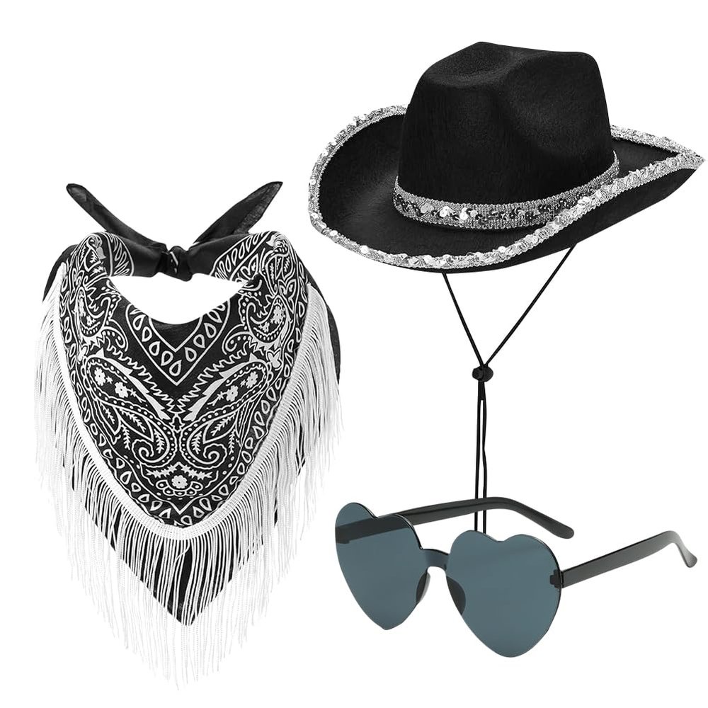 WFKKMEQ Women's Cowboy Hat, 3-Piece Cowgirl Accessories Set with Glasses and Bandana, Wide Brim, Black