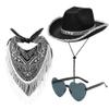 WFKKMEQ Women's Cowboy Hat, 3-Piece Cowgirl Accessories Set with Glasses and Bandana, Wide Brim, Black view 1