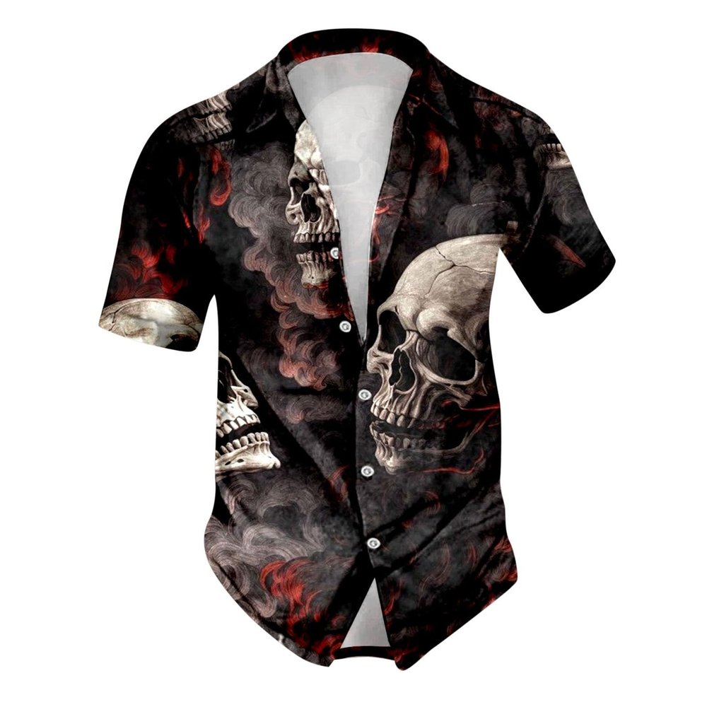 RUMAOZIA Men's Skull Shirt, Short Sleeve, Turn-Down Collar, Halloween Costume Party Cosplay Shirt