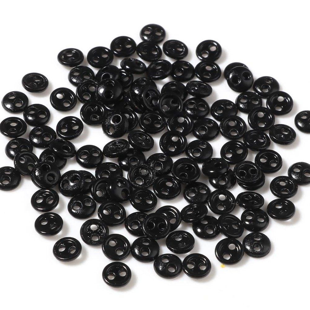 Mini Buttons for Doll Clothing, BJD Accessories, Round 2 Holes, Black (4 mm), 50 Pieces