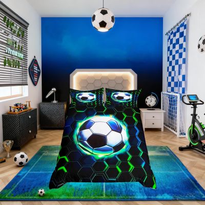 Manfei Soccer Ball Bedding Set, Full Size, Black and Green, Duvet Cover with 2 Pillowcases