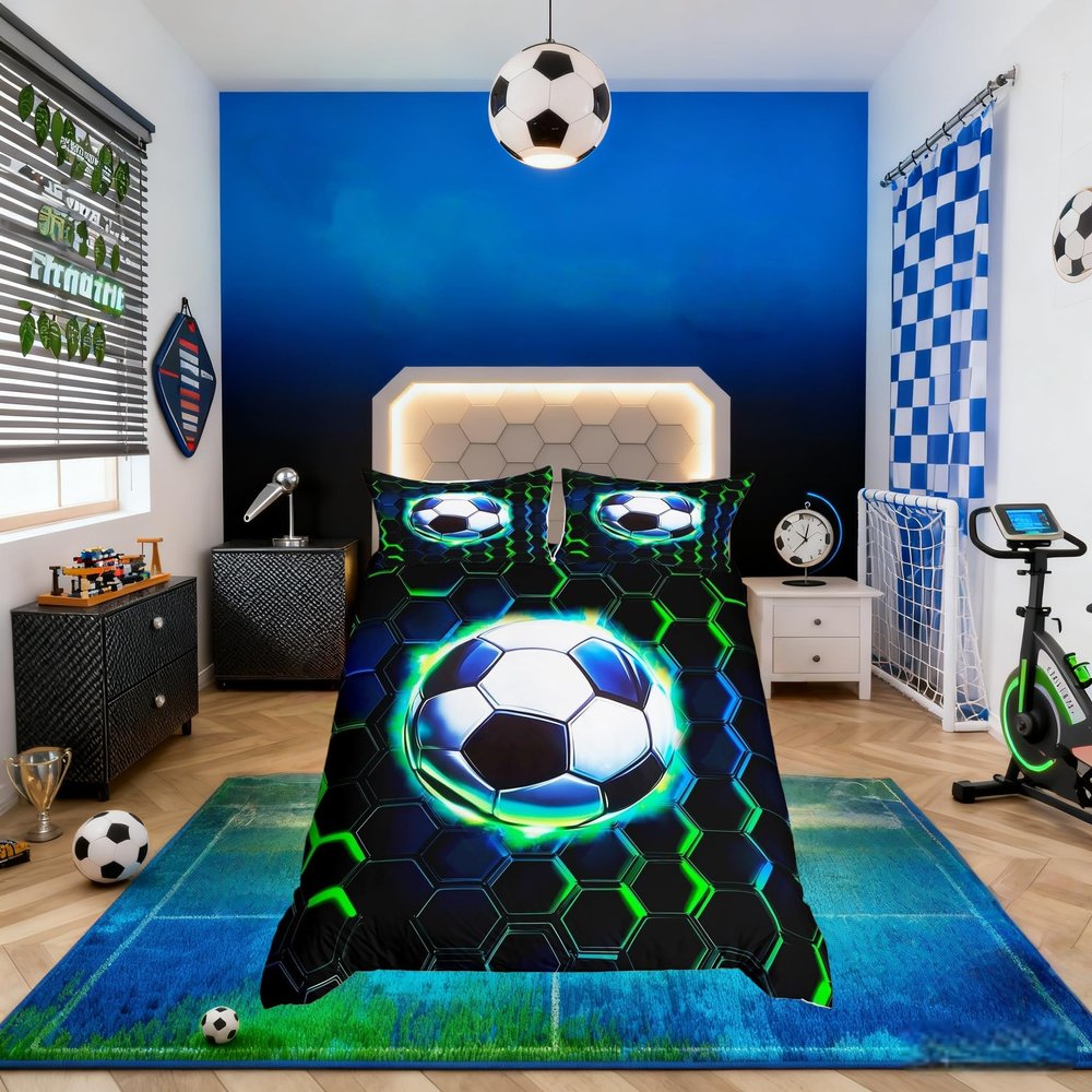 Manfei Soccer Ball Bedding Set, Full Size, Black and Green, Duvet Cover with 2 Pillowcases