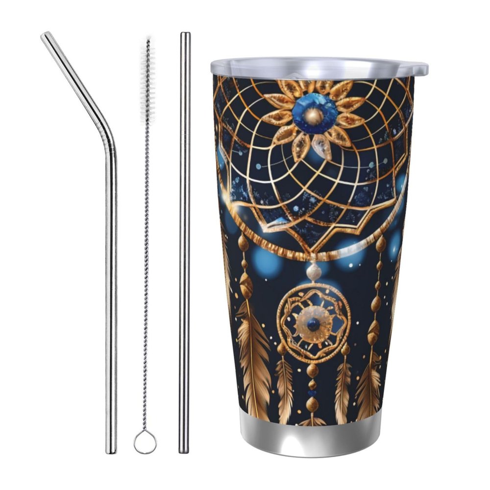 Dreamcatcher Feather Tumbler with 2 Straws and Lid, Galaxy, 590 ml