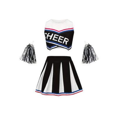 BOJHGO Girls' Sleeveless Cheerleading Skirt Set with Pom-Poms, Black, Size 140