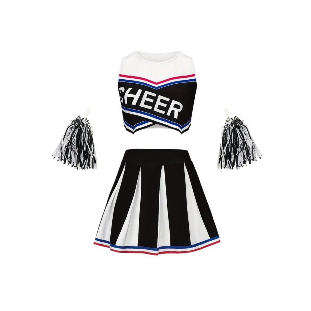 BOJHGO Girls' Sleeveless Cheerleading Skirt Set with Pom-Poms, Black, Size 140