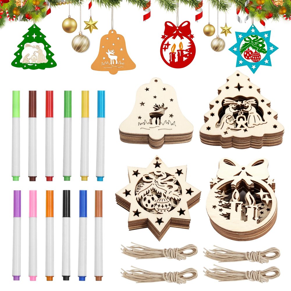 Wooden Christmas Tree Ornaments - 40 Pcs DIY Decoration