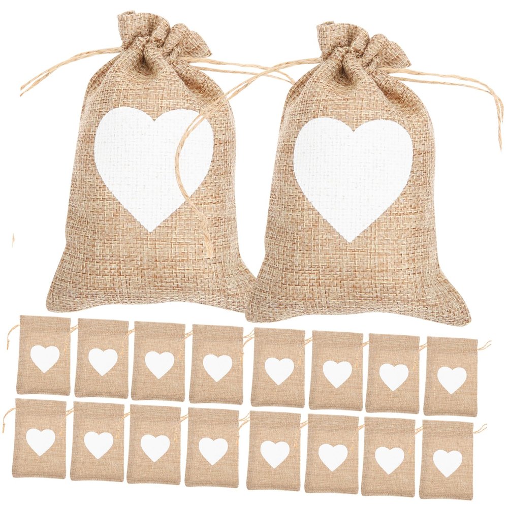 VALICLUD 25-Piece Linen Drawstring Gift Bags with Heart Pattern