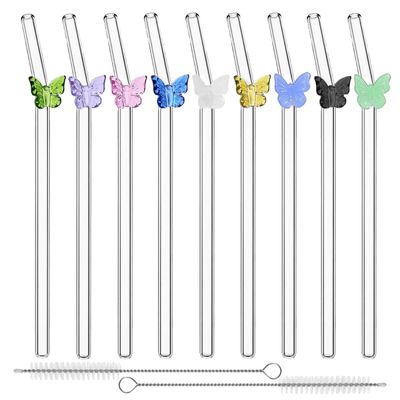 Glamifyr 9-Piece Curved Glass Straw Set with Butterfly Design