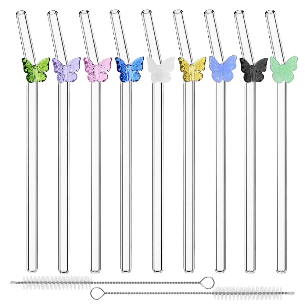 Glamifyr 9-Piece Curved Glass Straw Set with Butterfly Design