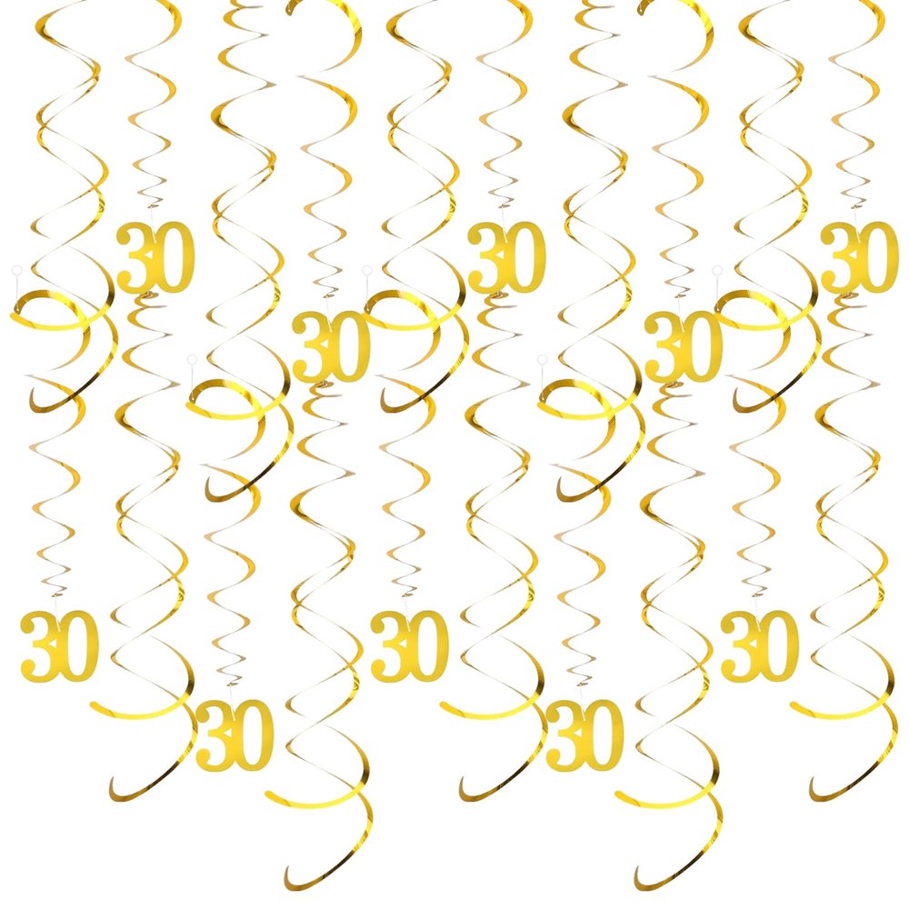 20-Piece Birthday Decoration Set, Gold 30 Spiral Streamers