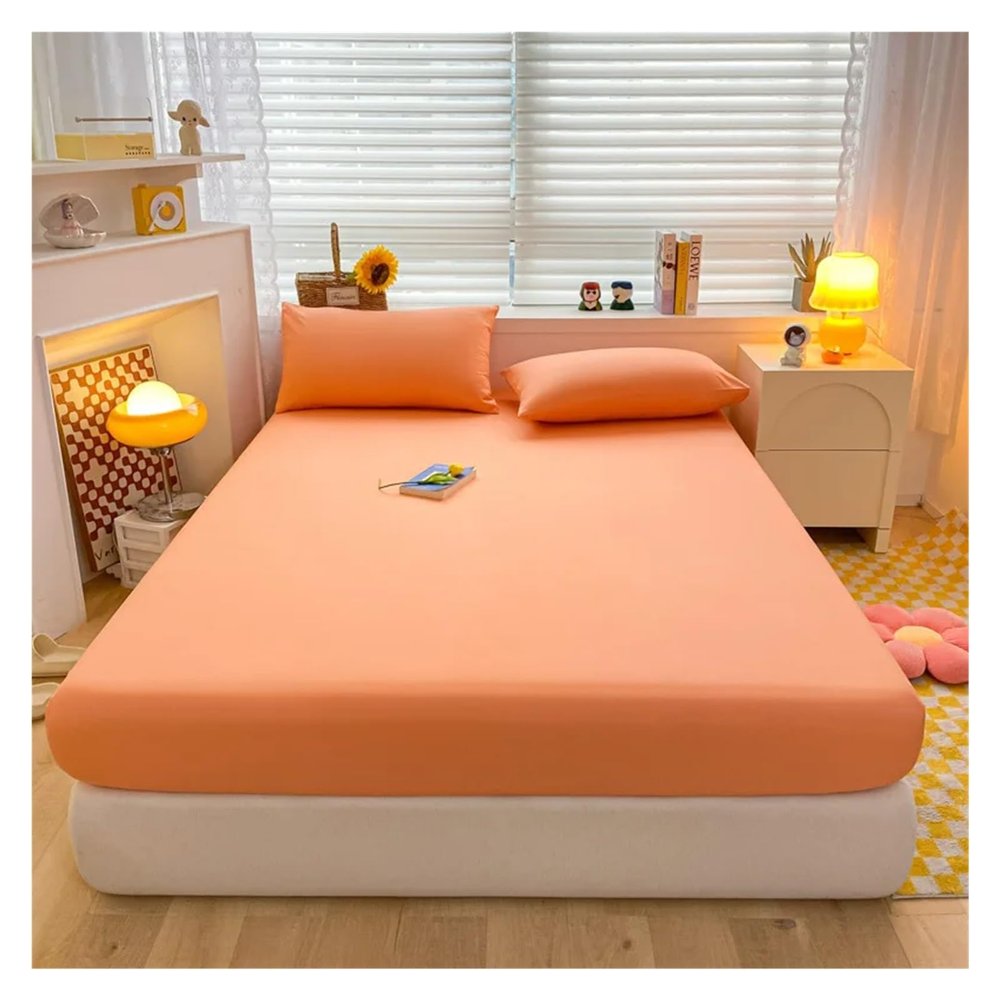 Cotton Fitted Sheet with Elastic Band, Solid Color, Soft Mattress Cover, Orange, 140 x 200 x 25 cm