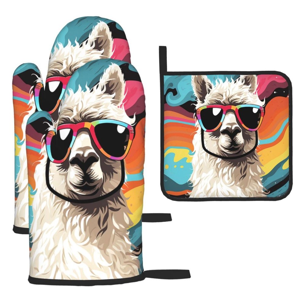 Oven Mitts and Pot Holders, 3-Piece Set, Heat-Resistant, Alpaca with Sunglasses