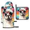 Oven Mitts and Pot Holders, 3-Piece Set, Heat-Resistant, Alpaca with Sunglasses view 1