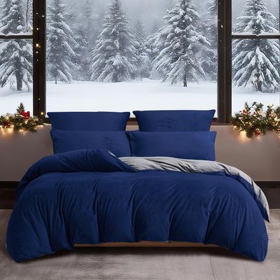 YASMENG Winter Bedding Set 220 x 240 cm, Navy Blue/Gray, Plush Fleece, Reversible, 3-Piece