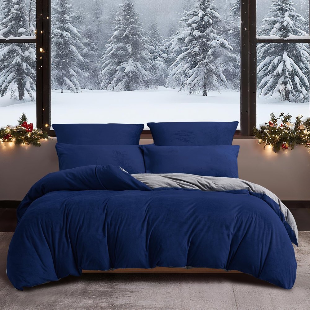 YASMENG Winter Bedding Set 220 x 240 cm, Navy Blue/Gray, Plush Fleece, Reversible, 3-Piece