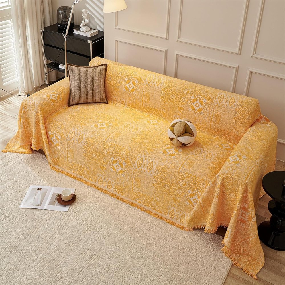 Bohemian Sofa Throw for 1/2/3/4-Seater Sofas, Orange Yellow, 230 x 380 cm