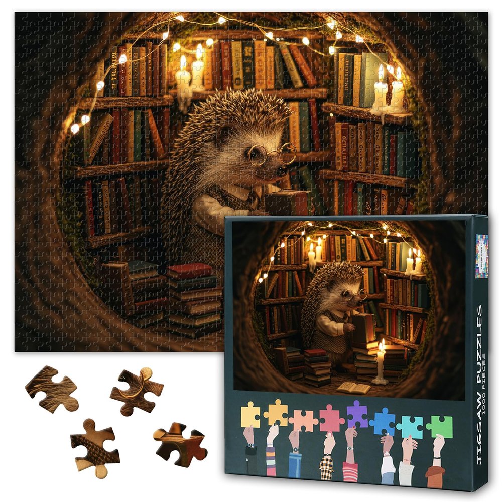 Hedgehog Puzzles 1000-Piece Adult Puzzle with Library Scene, 27.6 x 19.7 in