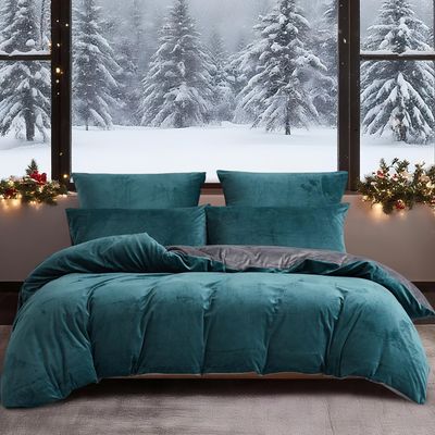 YASMENG Winter Duvet Cover Set 220 x 240 cm, Petrol Gray, Plush Fleece, 3-Piece