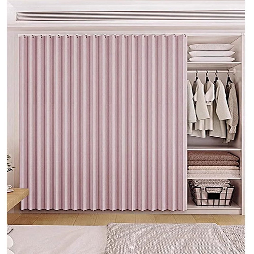 Sliding Cabinet Curtain with Track, Self-Adhesive Shelf Curtain, Opaque Room Divider (Pink, 140 x 240 cm)
