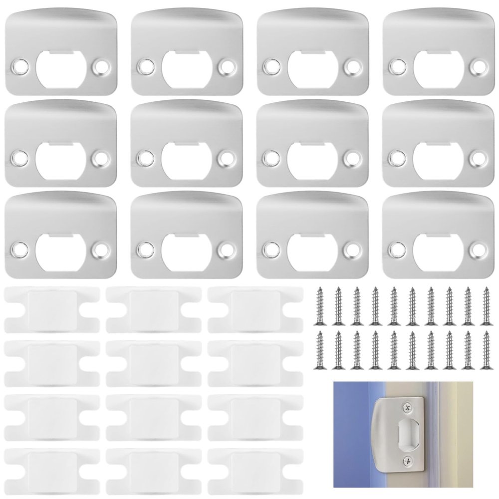 12 Round-Corner Stainless Steel Strike Plates for Door Reinforcement, Silver, for Most Wooden Doors and Bolt Latches
