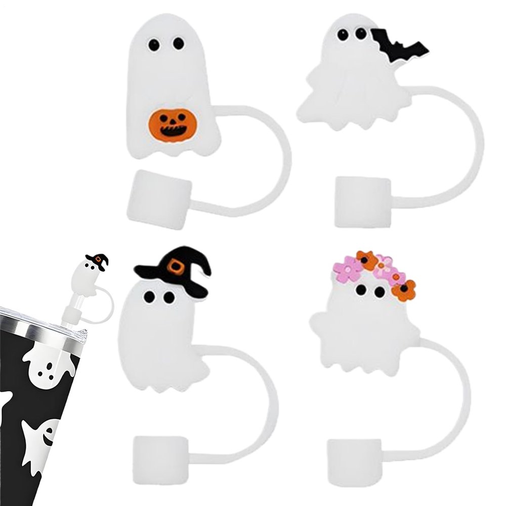 Halloween Straw Toppers - 4-Pack Reusable Silicone Decorations