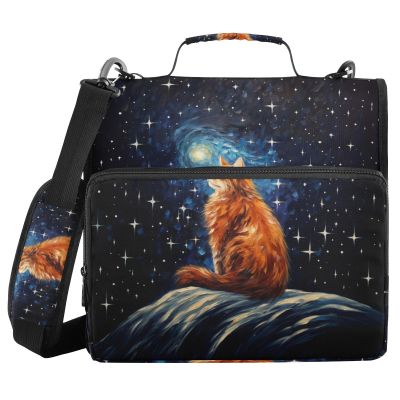 3-Ring Binder with Zipper and Shoulder Strap, Cat Looking at the Stars