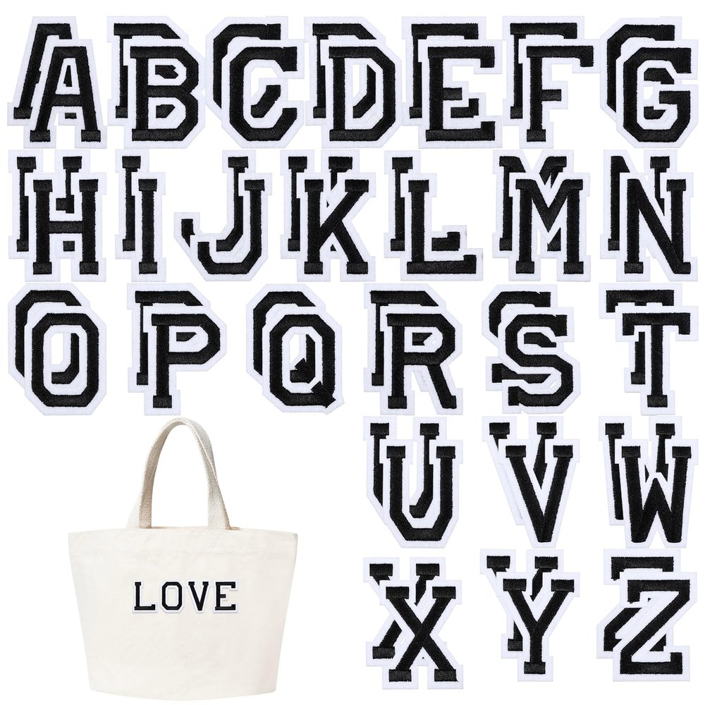 52 Black Iron-On Letter Patches, A-Z