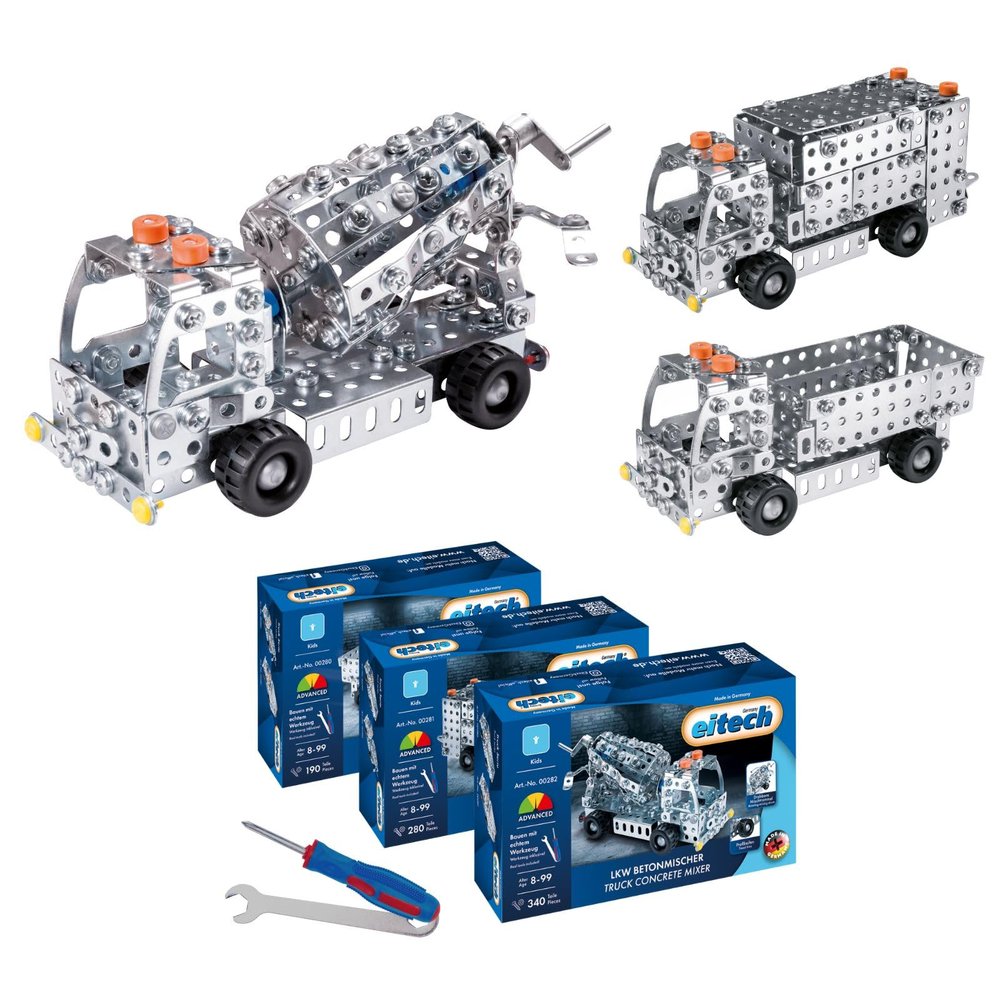 Eitech Dump Truck, Cement Mixer and Garbage Truck – 3-Piece Metal Construction Set