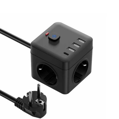 3-Outlet Power Cube with USB-C, 3 m Extension Cable, Black