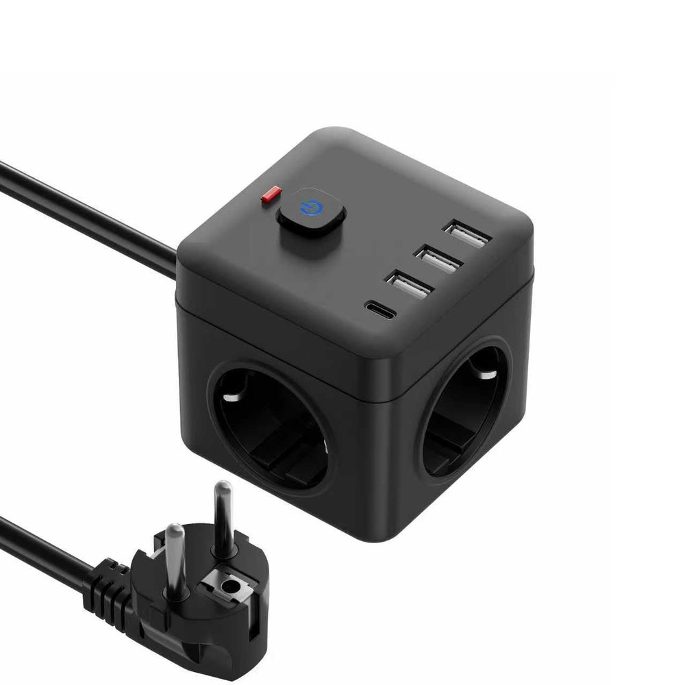 3-Outlet Power Cube with USB-C, 3 m Extension Cable, Black