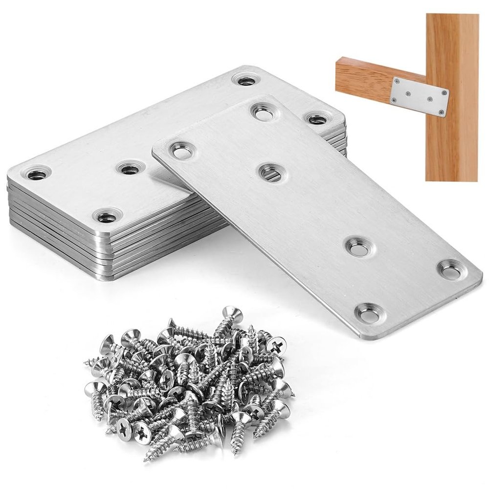 Stainless Steel Repair Plates for Furniture Repair, 9.9 x 4.8 cm, Heavy-Duty Straight Brackets with Screws, 10-Piece