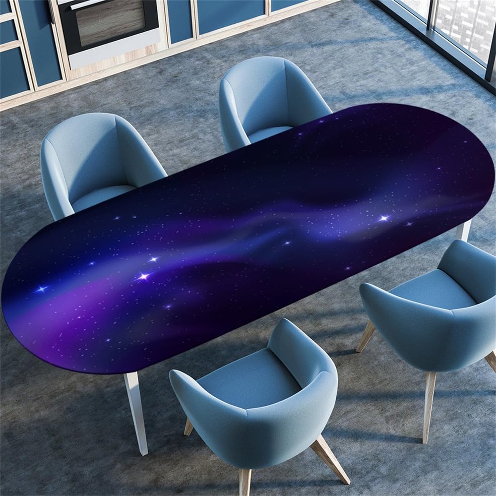 Blue Purple Starry Sky Oval Tablecloth, Galaxy Pattern, Water- and Oil-Resistant, Stretch Edge, 137 x 183 cm