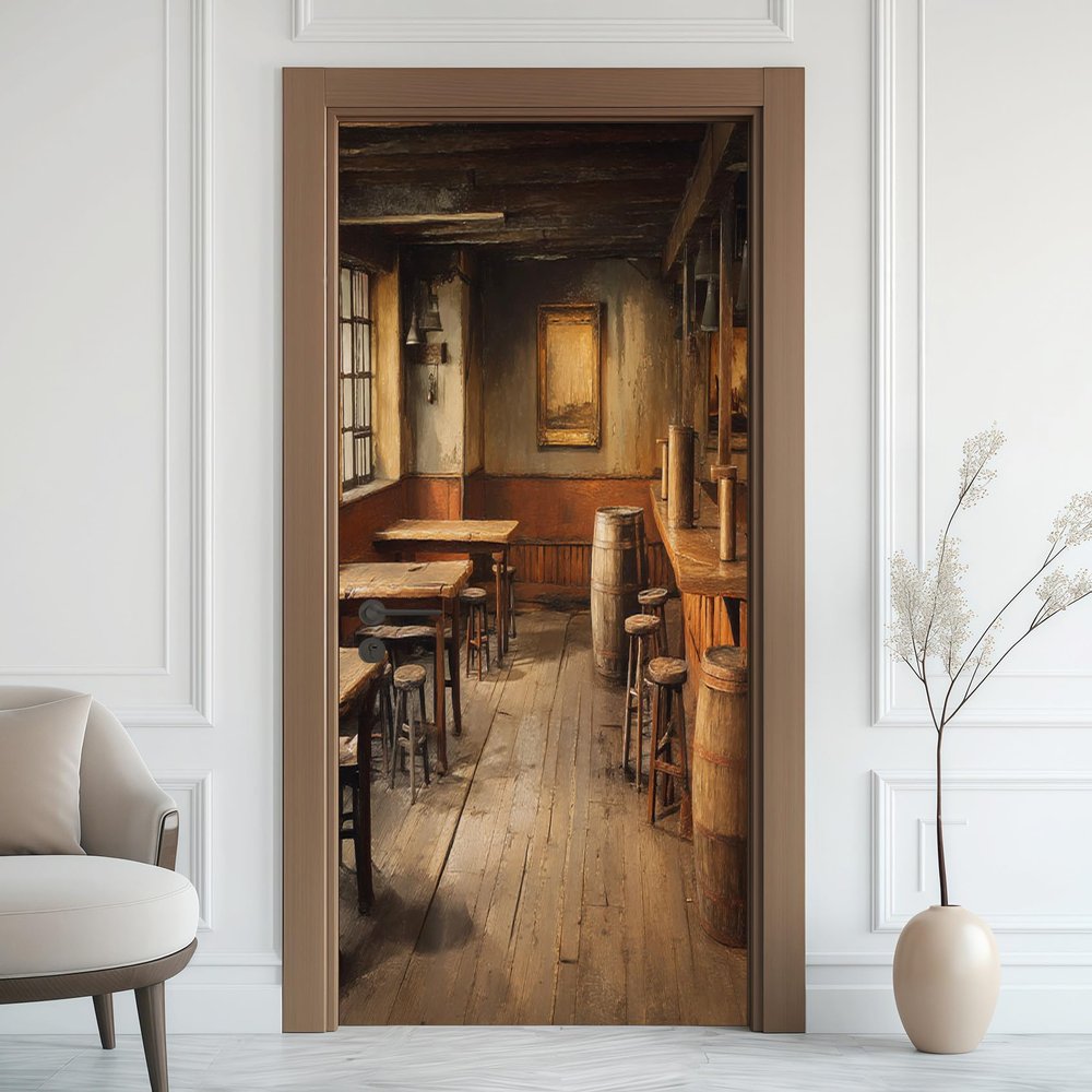 Vintage Bar Brown Barrel Door Sticker, Self-Adhesive PVC Film