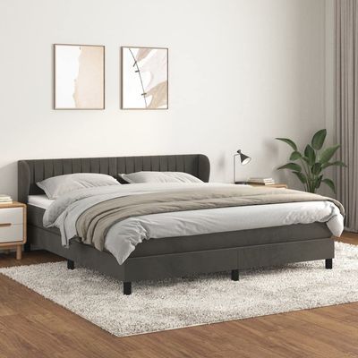 Massbinet Upholstered Velvet Box Spring Bed with Mattress, Dark Gray, 160 x 200 cm