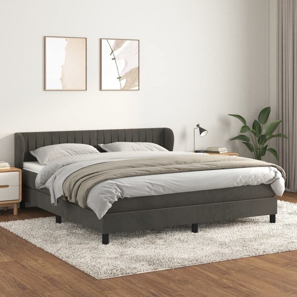Massbinet Upholstered Velvet Box Spring Bed with Mattress, Dark Gray, 160 x 200 cm
