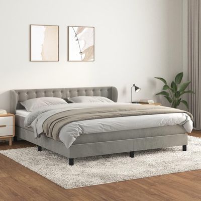 Massbinet Light Gray Velvet Upholstered Box Spring Bed, 180 x 200 cm